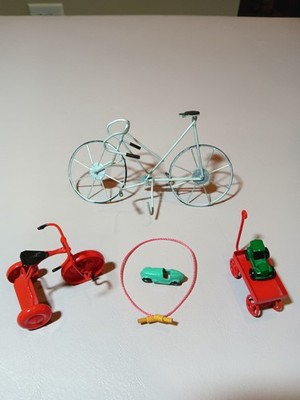 Vintage Lot: Metal Dollhouse Toys, Bicycle, Tricycle, Wagon, Jump Rope, Two Cars