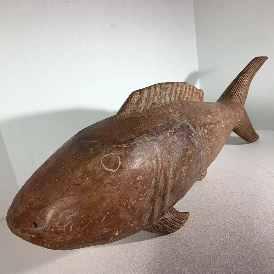 Large 28” Long Vintage Primitive Hand Carved Wooden Fish Folk Art Sculpture - Image 3 of 4