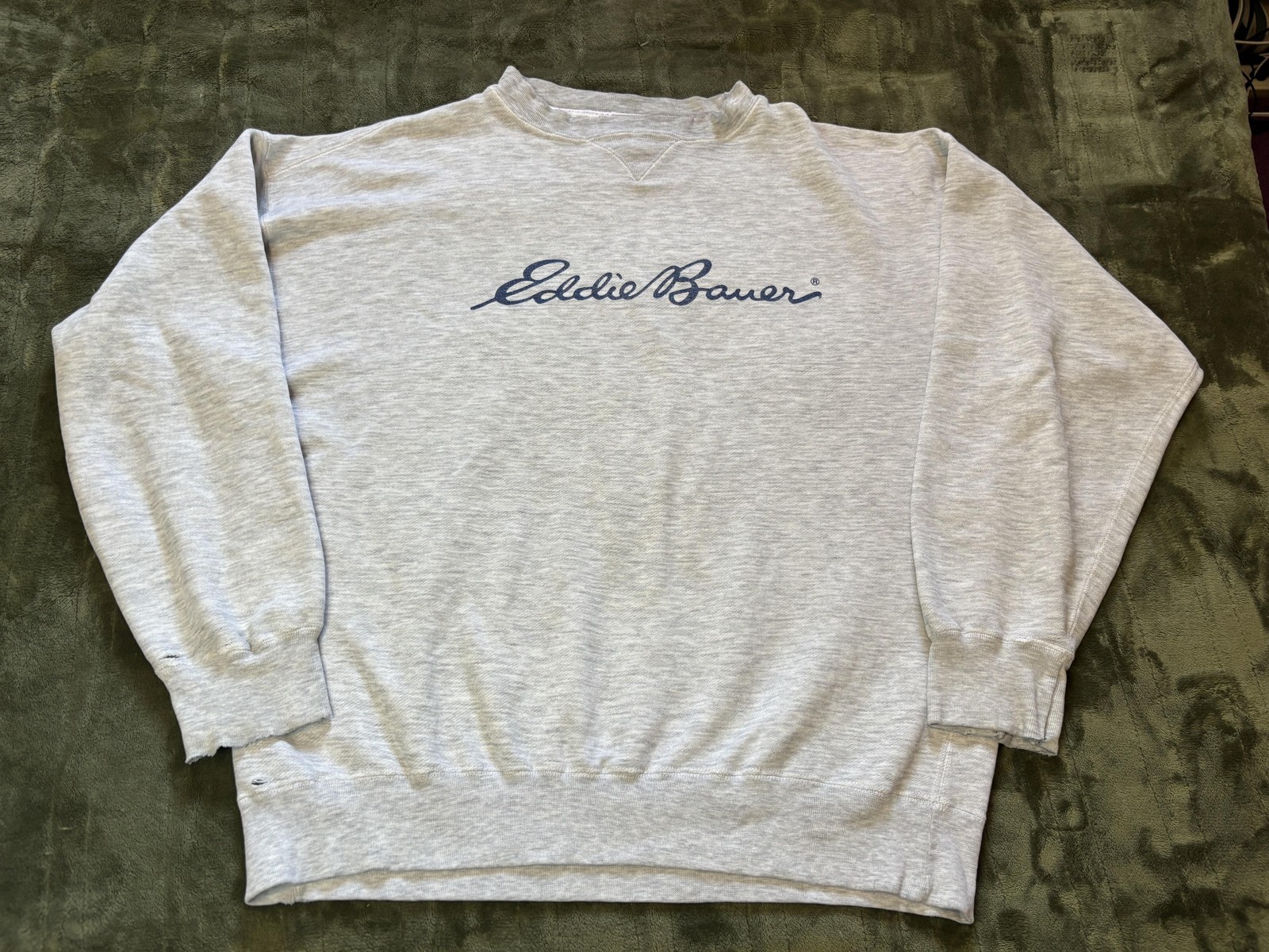 Eddie Bauer Sweatshirt Mens XL Gray Script Logo Crewneck Fleece Pullover Outdoor