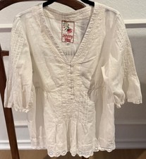 Johnny Was Cream Ivory Embroidered Eyelet Lace Cotton Top 2/3 Sleeve EUC Small