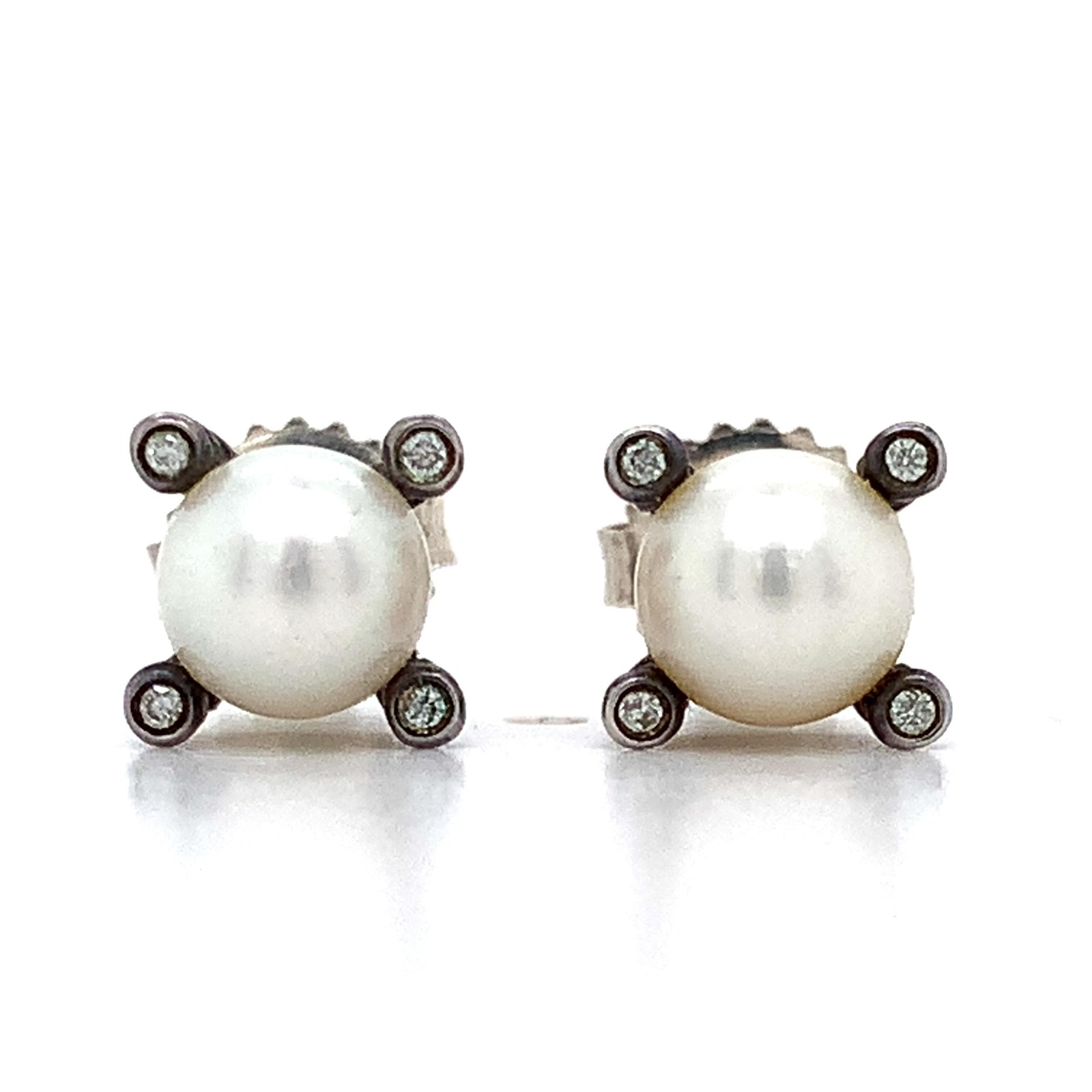 David Yurman Sterling Silver Cable Rope Stud Earrings W/ Pearl & Round Diamonds