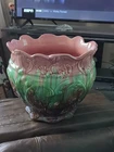 Antique Art Nouveau Weller Pottery Majolica Pink Green Jardiniere 11” Diameter