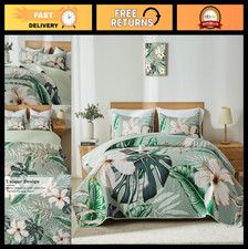 King Quilt Bedding Set - White Botanical Pattern, Lightweight Summer Bedspread