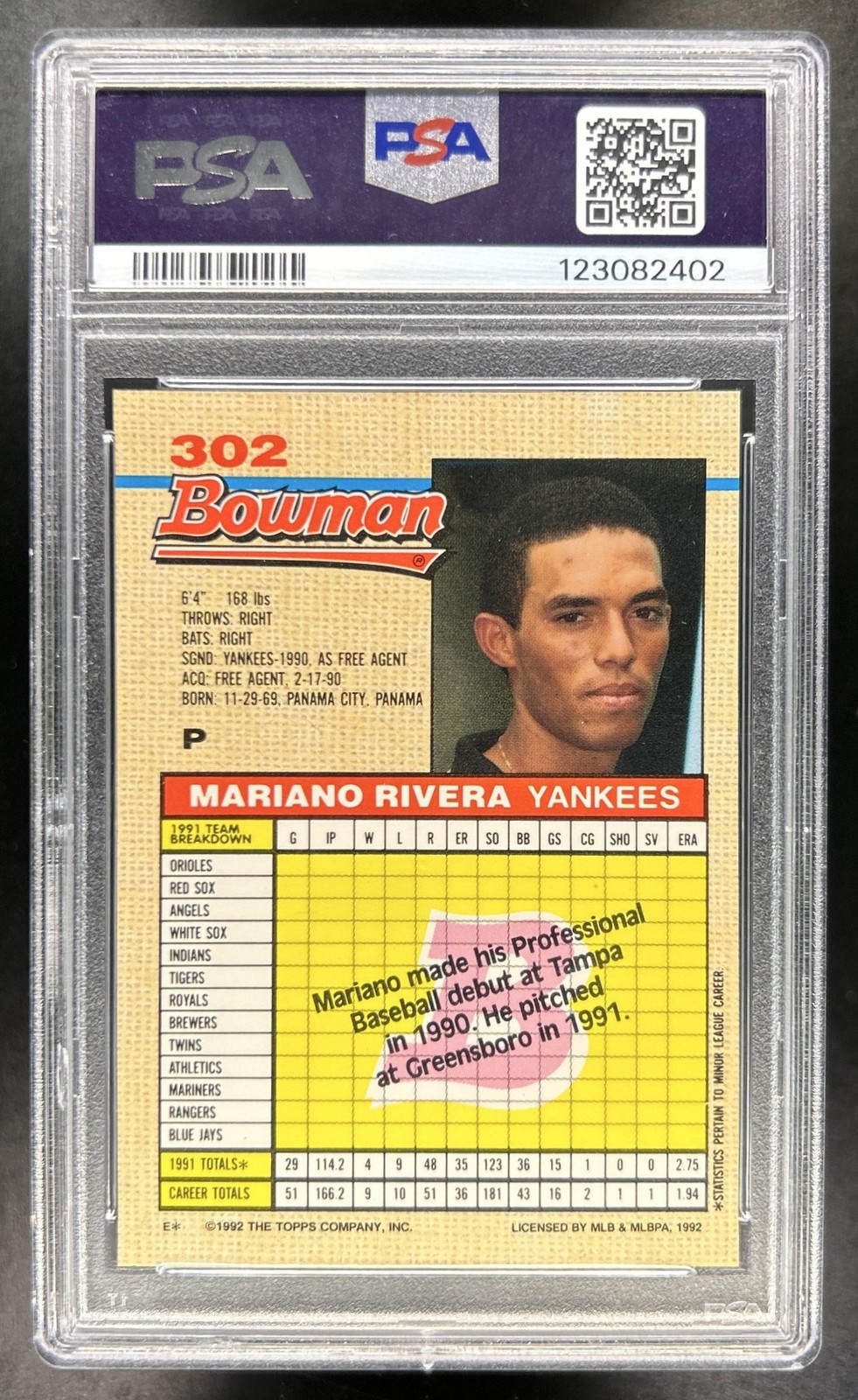 1992 Bowman Mariano Rivera Rookie RC #302 New York Yankees PSA 8 view 2