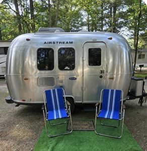 2-Zip Dee Vintage BLUE  STRIPED Airstream RV Folding LAWN CHAIRS Nice! 70s MCM !