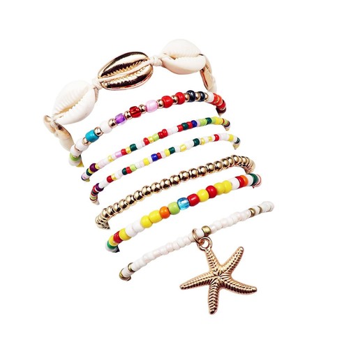 7pcs Shell Starfish Stackable Bracelets Set Handmade Boho Layered Seashell Cowri - Picture 1 of 7