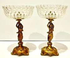 2 Vintage Compotes Lead Crystal w/Caryatid Brass Pedestals West Germany 10"