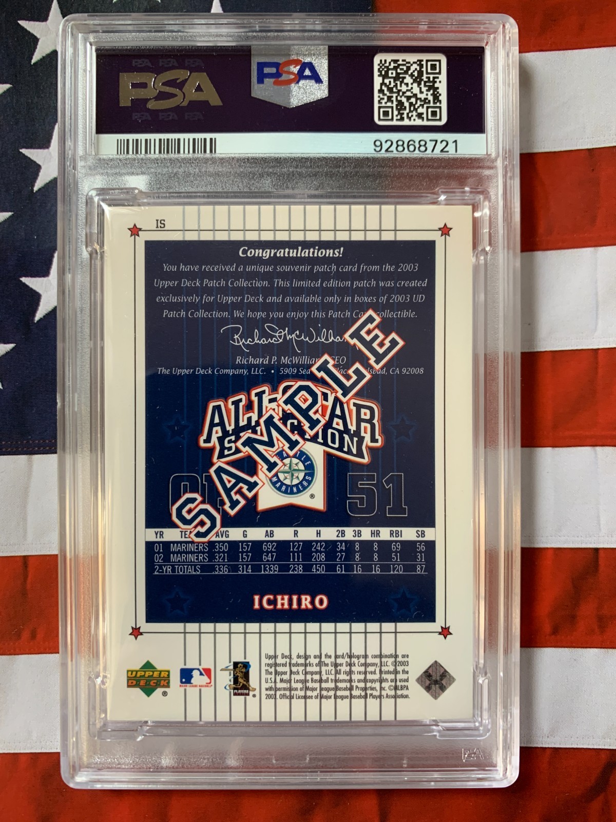 PSA ICHIRO SUZUKI 2003 U.D. PATCH COLL. SAMPLE, Card, #IS-Thick Patch Card view 5