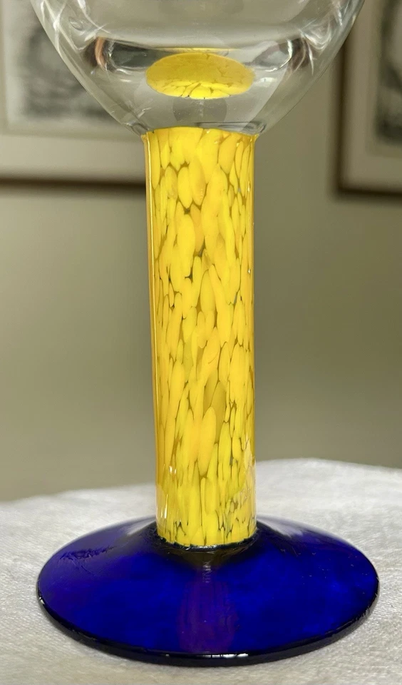 5 - Dansk Caribe Water Goblets 12oz. Glasses Yellow Stem w/Blue Base 8”tall - Image 2 of 4