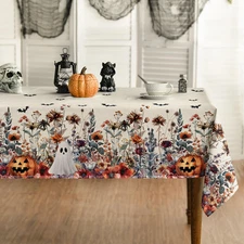 Halloween Tablecloth 60×84 Inch Rectangular, Bat Ghost Pumpkin Flower Washable S