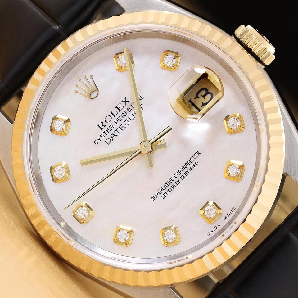 ROLEX DATEJUST 16233 MOTHER OF PEARL DIAMOND 18K GOLD SS WATCH w/ LEATHER BAND