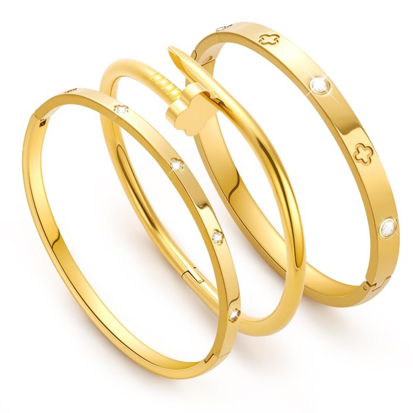 Damen Armband Edelstahl Gold Kleeblatt Zirkonia Schmuck Set Wasserfest 17 Cm-image