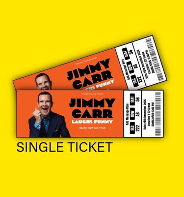 Jimmy Carr lacht lustiges Tour-Mock-Ticket 2026 personalisiertes Geschenk enthüllen Andenken