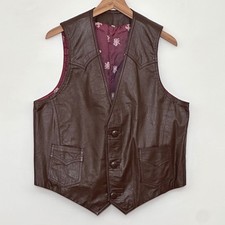 VTG Brown Leather Western Vest Mens 42 L Cowboy Waistcoat Ranch Rockabilly 70s
