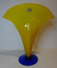 Vintage Blenko Yellow and Blue Fan Art Glass Vase Signed Richard Blenko 2000