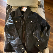Men's Black /Brown Leather Jacket Full Zip Size L Polyester Lining Zipper/Button