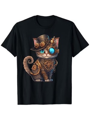 Steampunk Cat Graphic T-Shirt - Black Cotton Crew Neck Tee with Gears & Goggles