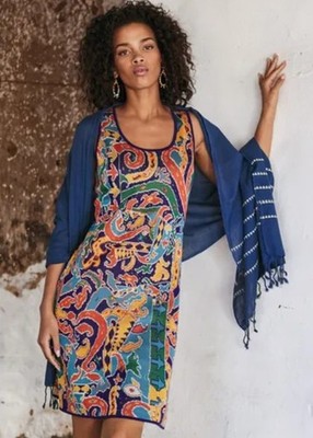 Peruvian Connection Samarinda Pima Cotton Dress XS Pool Lapis Papaya Paisley