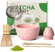 Matcha Whisk Tea Set Kit: Japanese Kit - Ceramic Bowl Bamboo Pink 