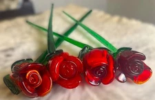 MURANO-STYLE ART GLASS LONG STEMMED RED ROSES-SET OF 4- 20" LENGTH