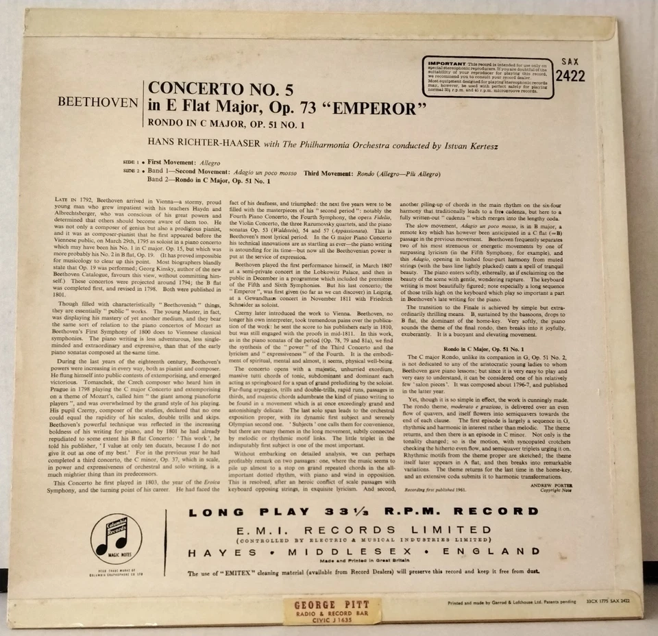 COLUMBIA SAX 2422 BEETHOVEN, RICHTER-HAASER, KERTESZ PIANO CONCERTO 5 AUS/UK LP - Image 2 of 3