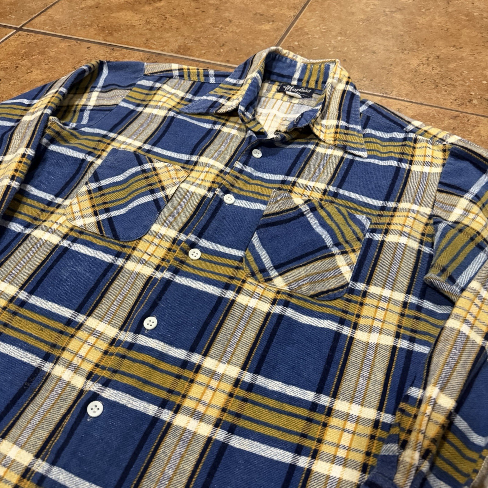 Marlboro Vintage Flannel Shirt Blue Yellow Men’s Size L Casual Plaid image 2