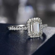 3CT Emerald-Cut VVS1 Moissanite Halo Engagement Ring 14K White Gold Plated