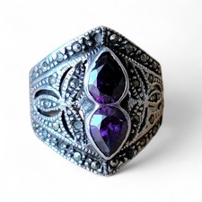 VTG Amethyst Marcasite Ring Sterling Silver Art Deco Design Marquise Shape Sze 7