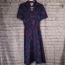 Vintage California Looks Size 10 Midi Multicolor Leaf Print Dress Made in USA