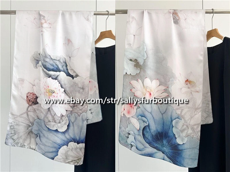 Sallys 100% Mulberry Satin Silk Shawl Lotus Print Oblong Stole Scarf 170*53cm