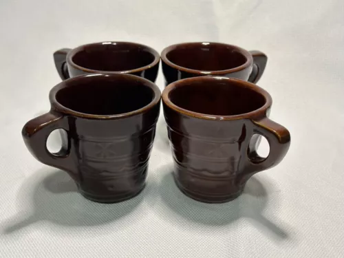VINTAGE Set of 4 Marcrest Brown Daisy Dot Pottery One Finger Coffee Cups Mugs