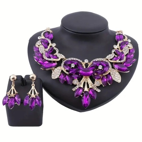 Glamoroso conjunto de joyas de flores, pendientes colgantes y collar con brillantes pedrería - Imagen 6 de 23