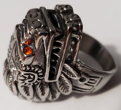 Aztec Mayan Chicano Biker Lowrider Quetzalcoatl Ring red jewel eyes Indigenous - Picture 6 of 8