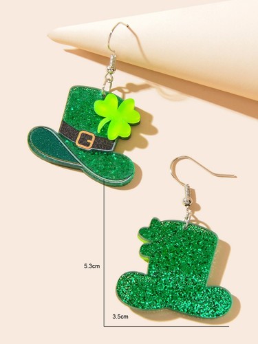 Acrylic Green Clover Hat Pendant Earrings St. Patrick's Day Festival Jewellery - Picture 4 of 22