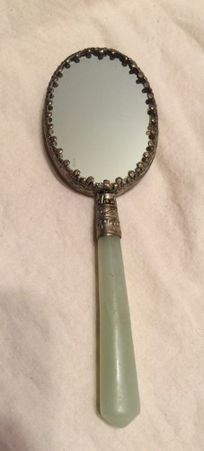 Vintage Small Faux Jade Handle Hand Mirror Enamel Painted Porcelain Back - Picture 3 of 3