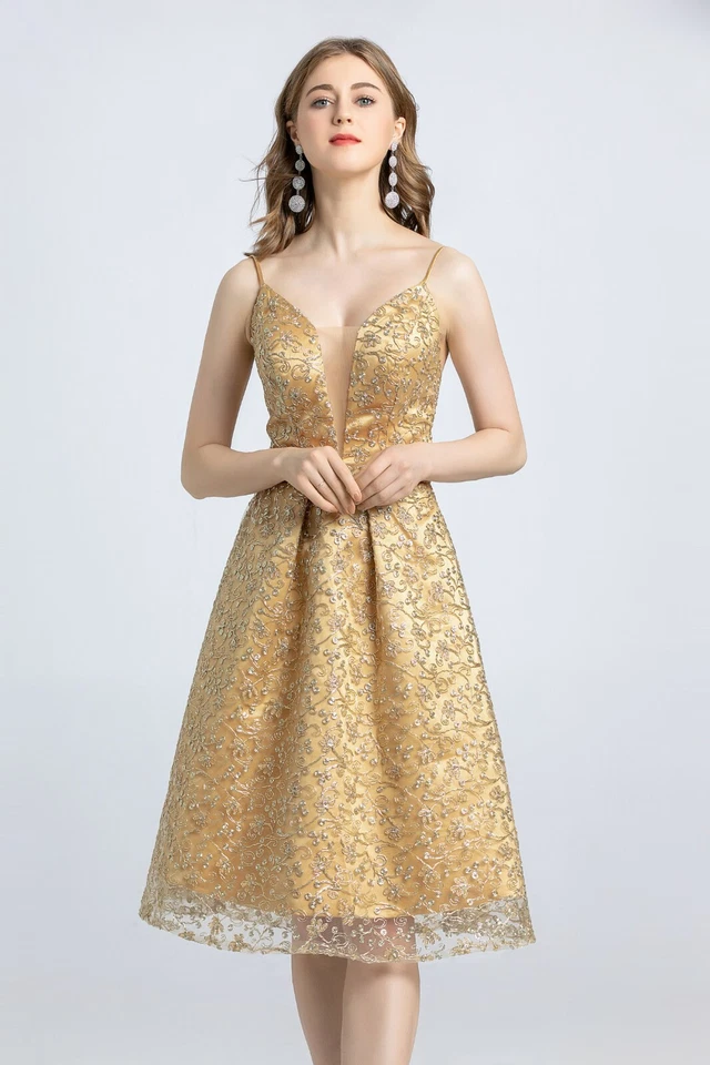 Sexy Vestido de Fiesta de Diseñadores Mujeres Sin Mangas Profundo V Dorado Encaje Hasta la Rodilla Vestidos Foto 4 de 4