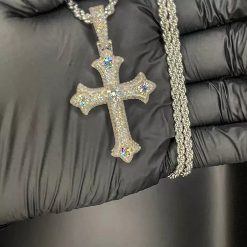 3Ct Round Cut Real Moissanite Cross Pendant 14K White Gold plated - Picture 4 of 5
