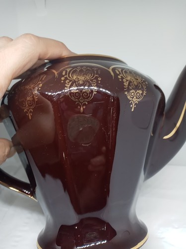 Vtg. Hall 0227 6 Cup, Brown Tea Coffee Pot W Gold Trim. Ornate W Gold Design - Picture 21 of 24
