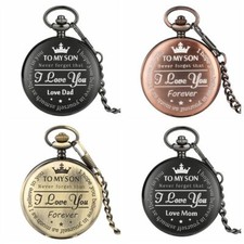 Vintage TO MY SON Laser Word Quartz Pocket Watch Pendant Chain Gift for Boys Kid