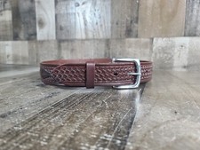 Dark Brown Leather Belt Basket Weave Hand Tooled SIZE 32" Made In Mexico
