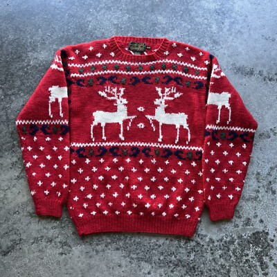 Vintage 80s 90s Eddie Bauer Wool Deer Animal Print Sweater Fits