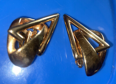 Vintage P&M Paris Gold Tone Abstract Geometric Clip-On Earrings 1.5''