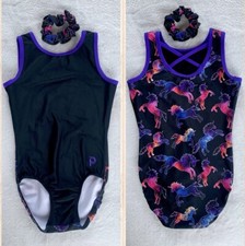 PLUM PracticeWear LEOTARD Gymnastics RAINBOW UNICORN Flip Side BLACK Tank SZ AXS