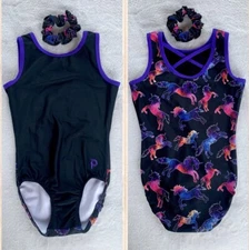 PLUM PracticeWear LEOTARD Gymnastics RAINBOW UNICORN Flip Side BLACK Tank SZ AXS