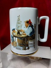 Vintage 1985 Norman Rockwell MUSEUM Coffee Cup Mug Gold TRIM grandpa PIRATE SHIP