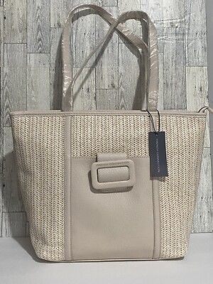 NWT French Connection Lucia Straw Double Handle Tote Bag Wheat