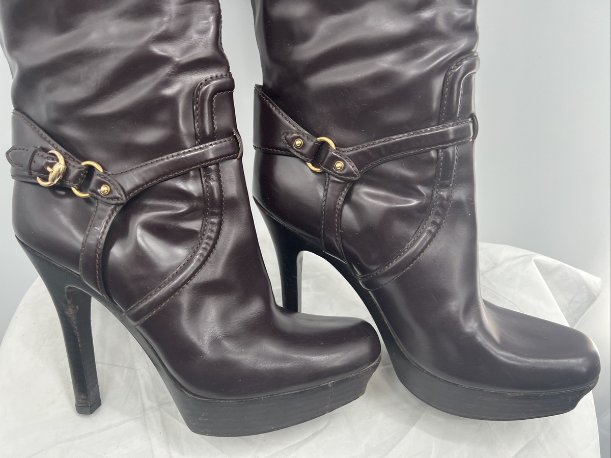 GUCCI Women's Brown Leather Platform High Heel Gold Toe Knee High