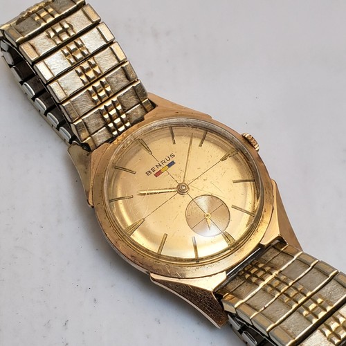 RARE VINTAGE BENRUS 10K R.G.P BACK ROMANIA FLAG MECHANICAL HANDWIND MEN'S WATCH  - Picture 2 of 10