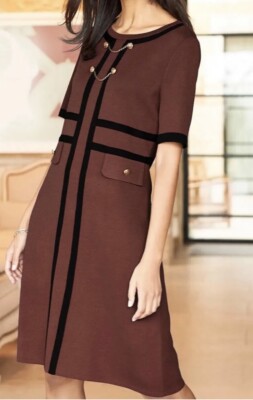 NWT Ming Wang Auburn Brown Contrast Trim Short Sleeve Dress Small