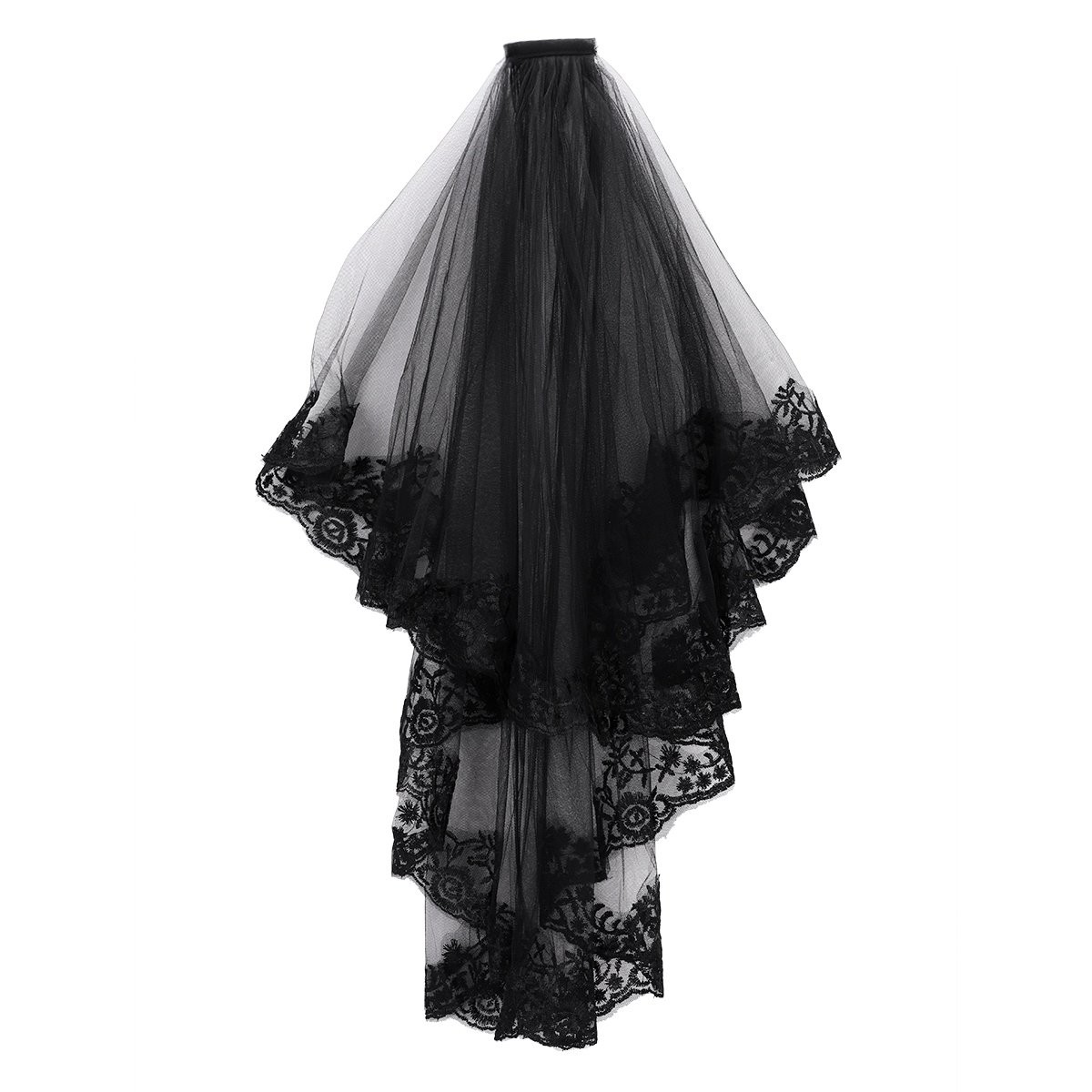 BLACK Lace Veil Tulle Sheer With Comb 02 Black Wedding Veil Long Funeral Veils 2 Tier Lace Brides  main image 2